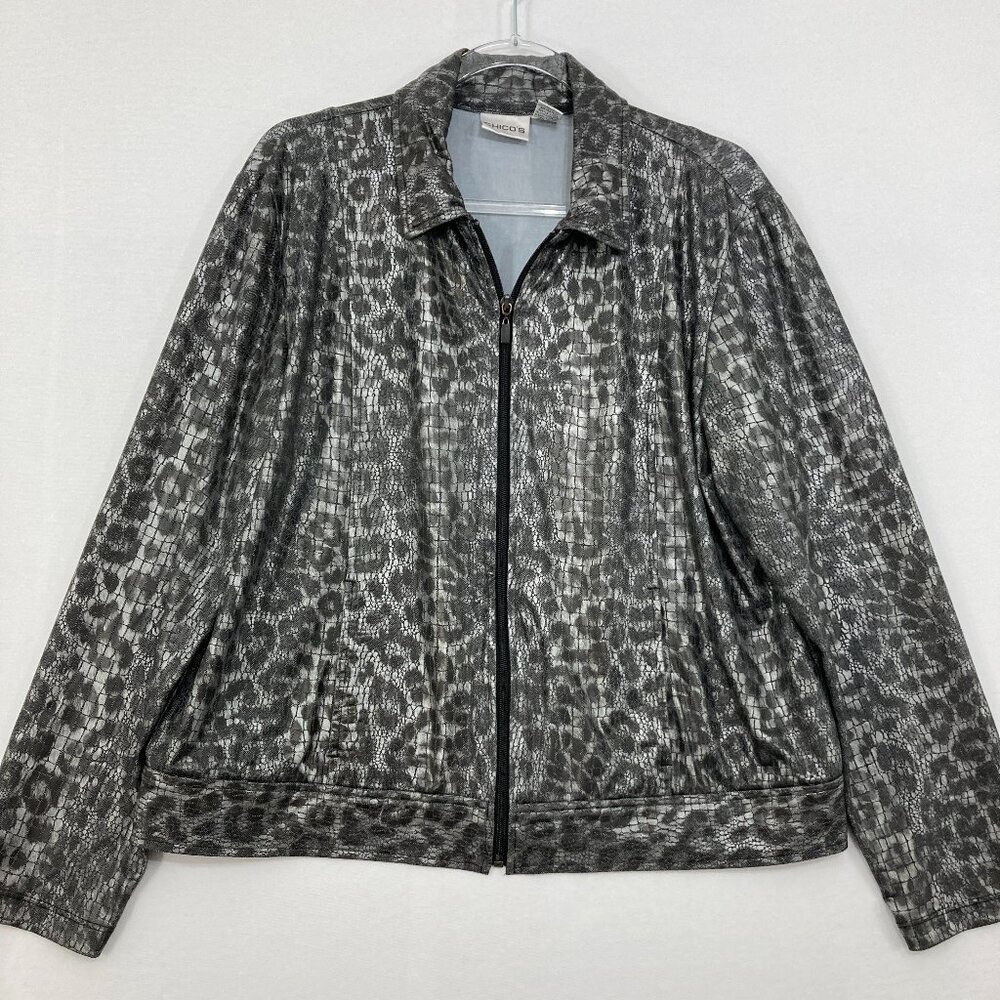 Chico’s size XL/3 Stretch Gray Leopard Print Full Zip Long Sleeve Light Jacket